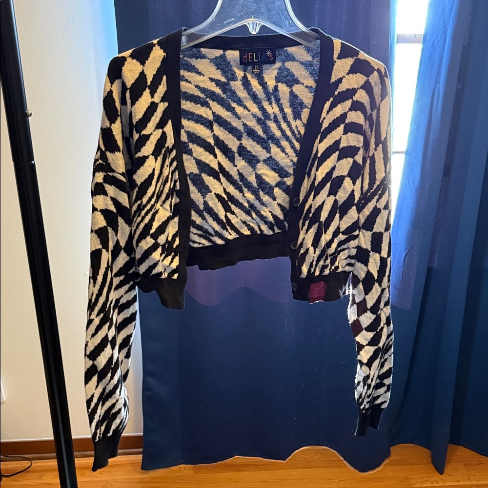 dELiA*s warped checkered patterned Cardigan in Black and White